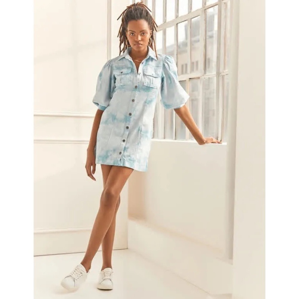 Something Navy Tie Dye Puff Sleeve Denim Dress